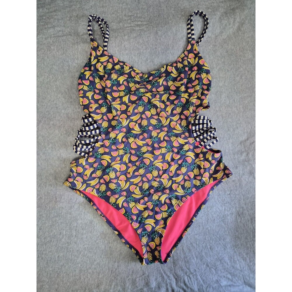 Size XL Bongo Women's One Piece 90s Y2K Fruit Print Swimsuit Waist Cutout Straps